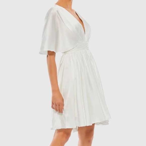 IEENA Mac Duggal, Satin Flowy Flutter Sleeve Mini Dress - Picture 4 of 11